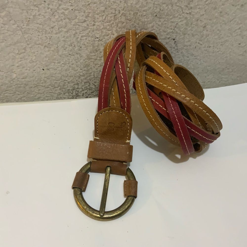 Jessica Simpson Ladies Brown & Red Genuine Leather Braided Belt, Size M